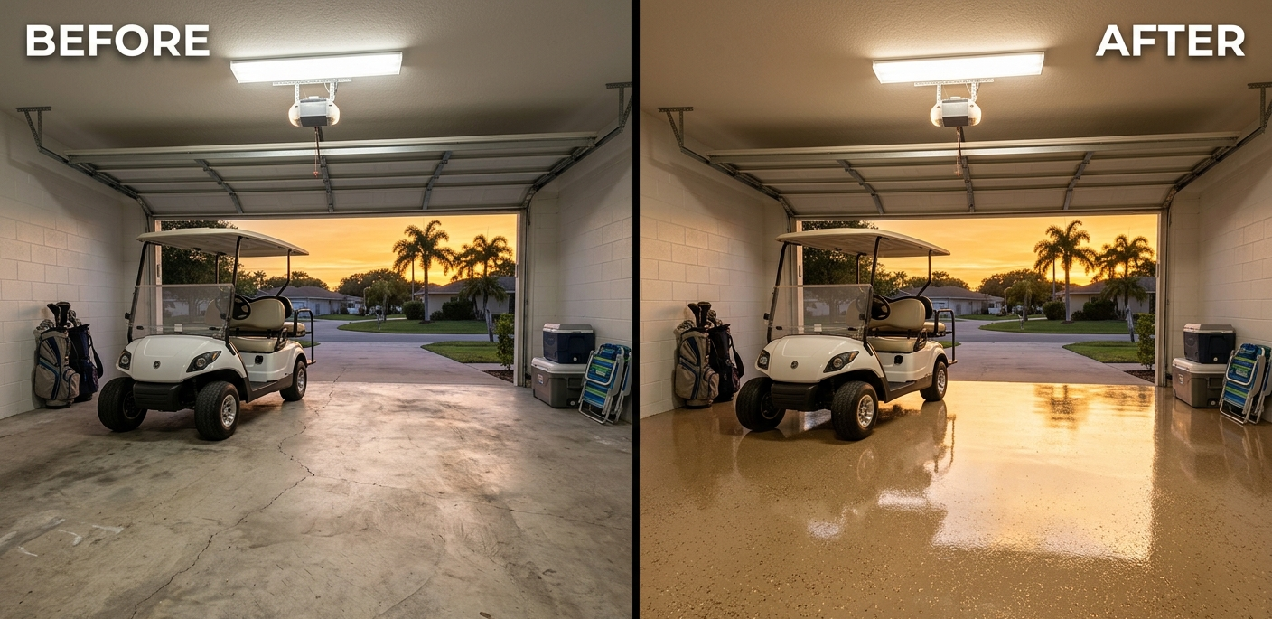 Before and after epoxy floor: Single-Car Garage | Tan Chip Epoxy Finish