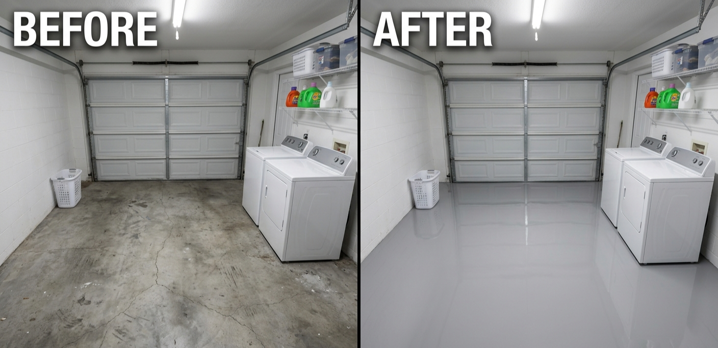 Before and after epoxy floor: Laundry Garage Area | Solid Gray Epoxy Finish