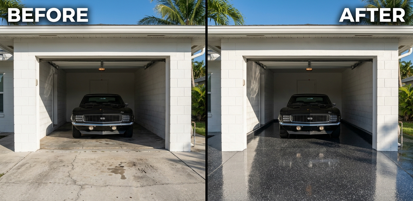Before and after epoxy floor: Exterior Garage Floor | Metallic Epoxy Finish