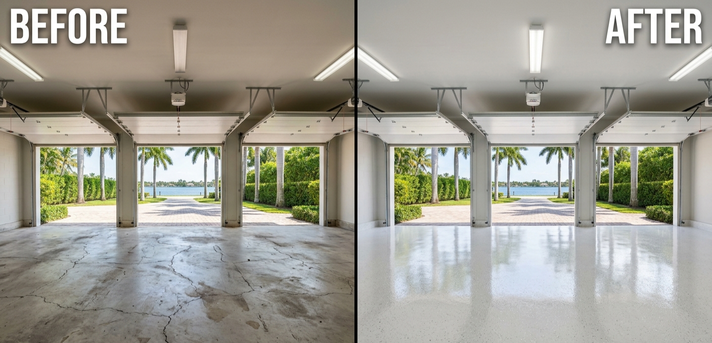 Before and after epoxy floor: Triple-Car Luxury Garage | White Chip Epoxy Finish