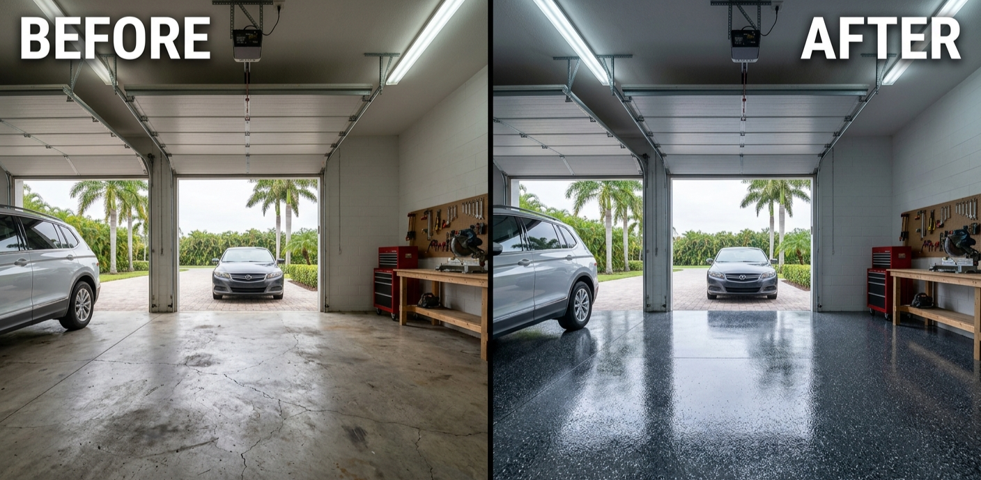 Before and after epoxy floor: Two-Car Garage | Dark Chip Epoxy Finish
